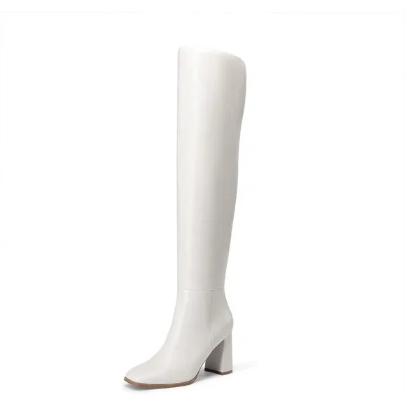 Women's White Faux Leather Thigh High Block Chunky Heeled Knee High Long Boots