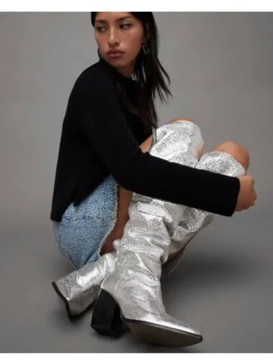 ALL SAINTS Reina Metallic Boot in Silver SIZE 7 New