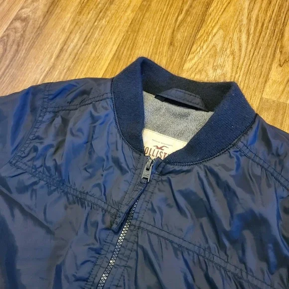 Vtg Hollister Bomber Jacket Men Small Blue Fleece Lined Full Zip Media Pocket