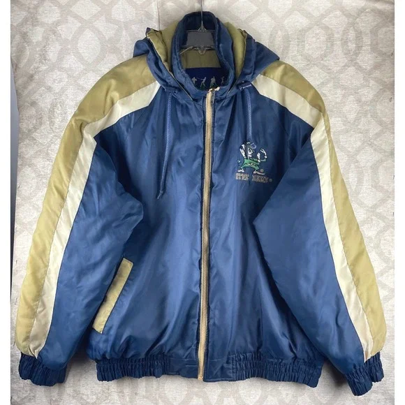 Fans Gear Notre Dame Men Large Blue Hooded Jacket Embroidered Vintage NCAA