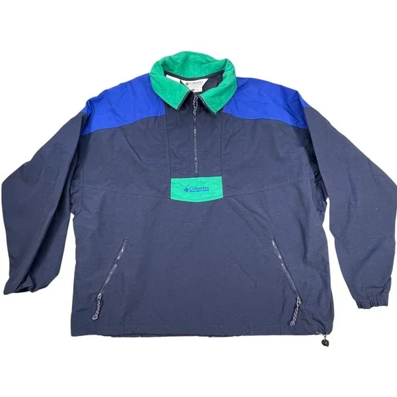 Columbia Navy Blue Green Anorak Colorblock Windbreaker Pullover Mens Large
