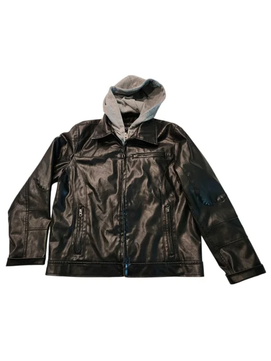 Guess Black Faux Leather Hooded Biker Jacket Zip Pockets Men's Gary Size L