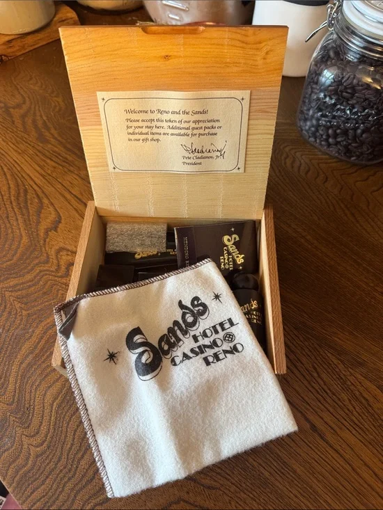 VTG Sands Hotel Casino Reno Branded Amenity Set in wooden box