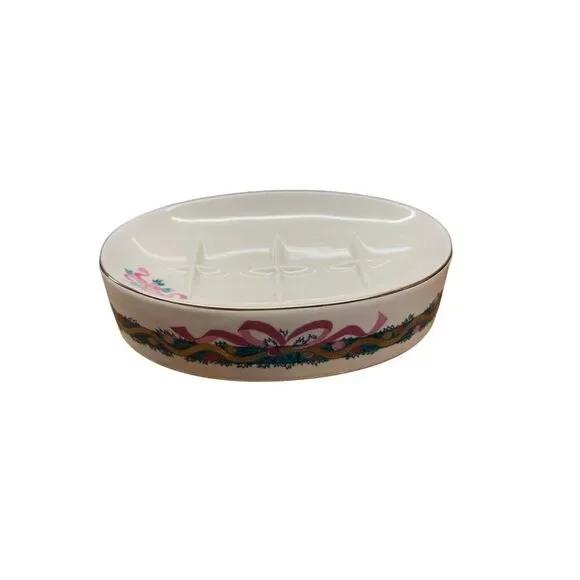 Vintage Ceramic Soap Dish With Floral Ribbon Design Made In Japan Oval Shape 5.5