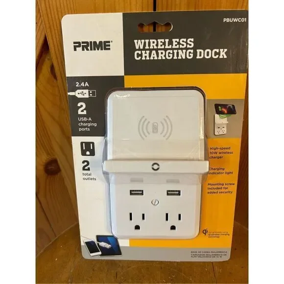 Prime PBUWC01 Wireless-Charging-Dock Wall Tap with 2 Outlets and Dual USB Charge