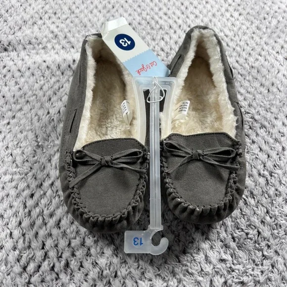 Cat Jack Toddler‎ Girls Gray Bow Moccasin Slippers Size 13 Plush Lined NWT
