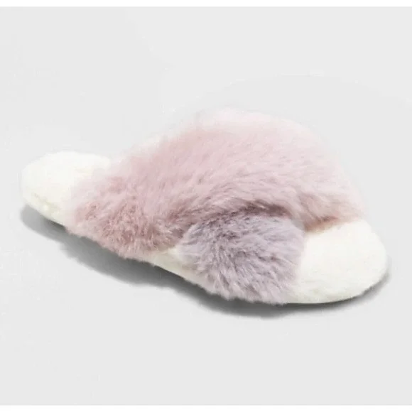 Cat & Jack Slide Slippers Girl Crossband Faux Fur Lavender Gray Size Large NWT‎