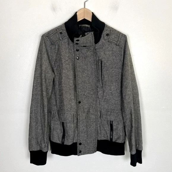 Men's‎ Wool Blend Varsity Bomber jacket Size Small Mock Neck Fabric Pockets Gray