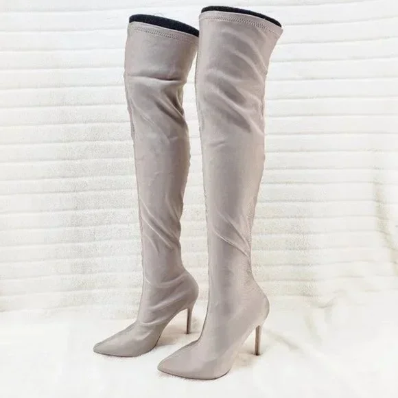 ☆ Cape Robbin Tan Stretch Spandex Pointy Toe OTK Thigh Boot High Heels