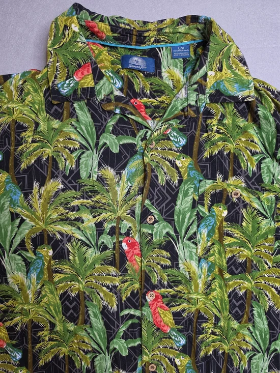 Havana Jim Men's Hawaiian Tropical Palm & Parrot Camp Shirt Large Button Down