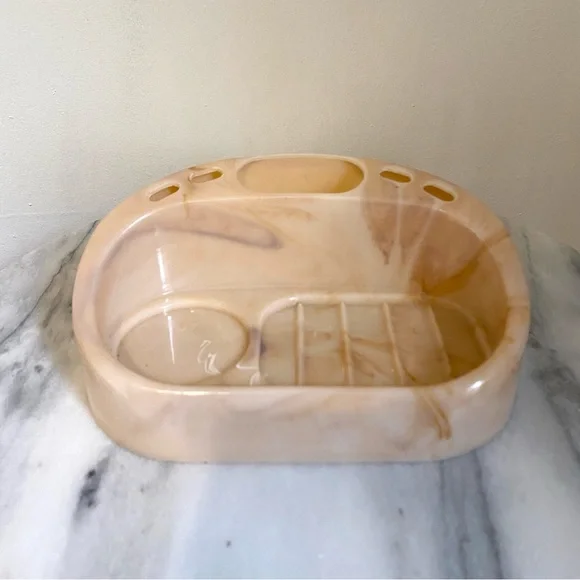 Vtg Plastic Marbleized Bathroom Caddy Toothbrush Holder Cup Holder Soap Dish