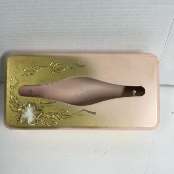 Vintage Ransburg Pink Gold Floral Metal Tissue Box Holder Mountable