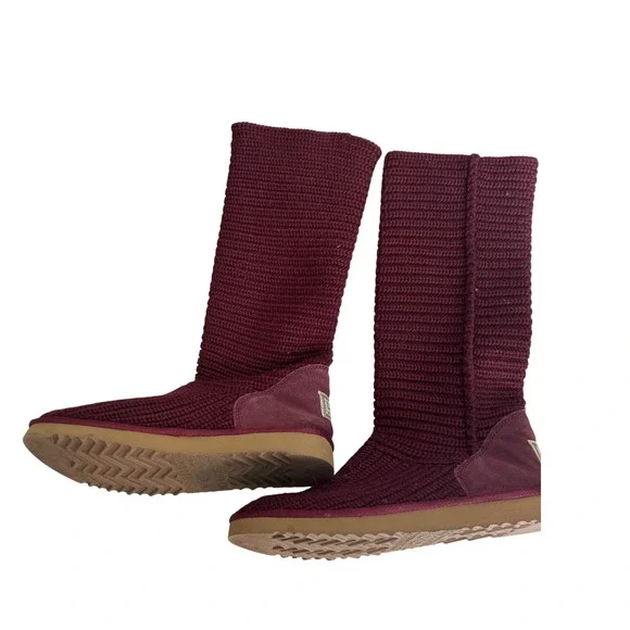 UGG Australia Knit Tall Boots Burgundy Suede Trim Women's Size 9