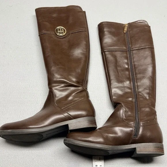Tommy Hilfiger Women's Brown Leather Knee High Boots Side Zip Riding Size 6M