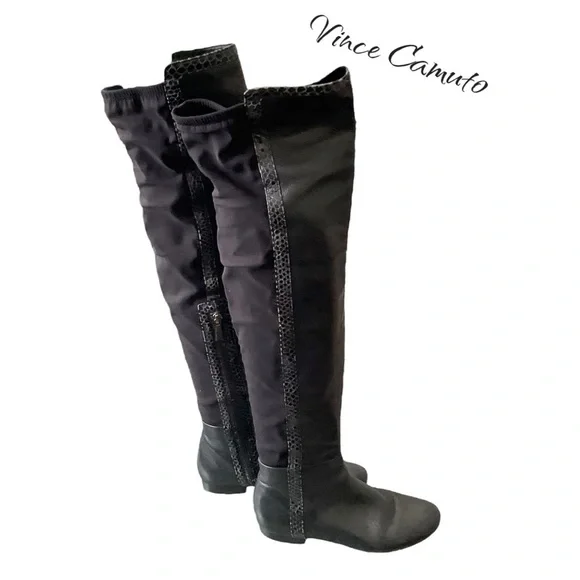 Vince Camuto Women Tall Black Leather Faux Suede Zipper‎ Boot Size 5