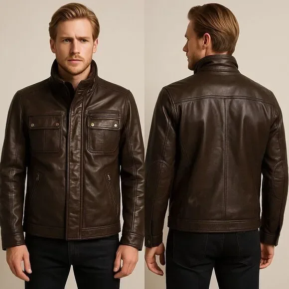 GUESS Brown Leather Moto Field Jacket XL – Genuine Leather – Rare 11PLA1001