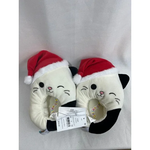 Squishmallows Santa Hat Cat Slippers Kid Size 13/1 Off-White Holiday Plush Shoes