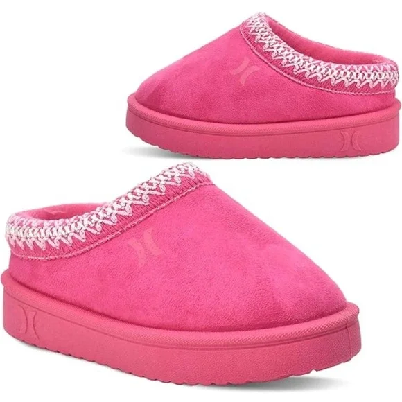 Hurley Kids Hot Pink Platform‎ Slippers Faux Fur Lined Mules Girls Size 3