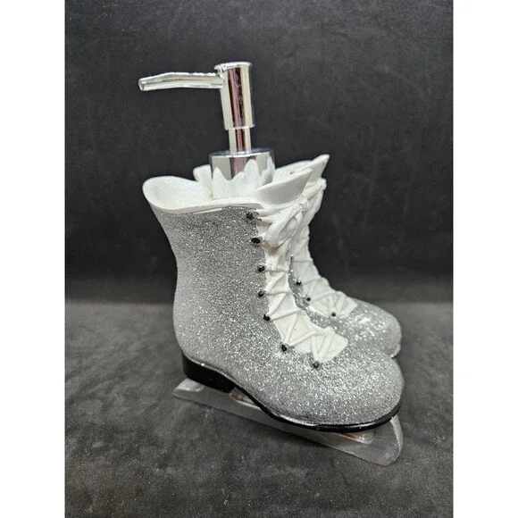SILVER GLITTERY RESIN ICE SKATE,BOOT+SILVER PUMP KITCHEN,BATHROOM SOAP DISPENSER