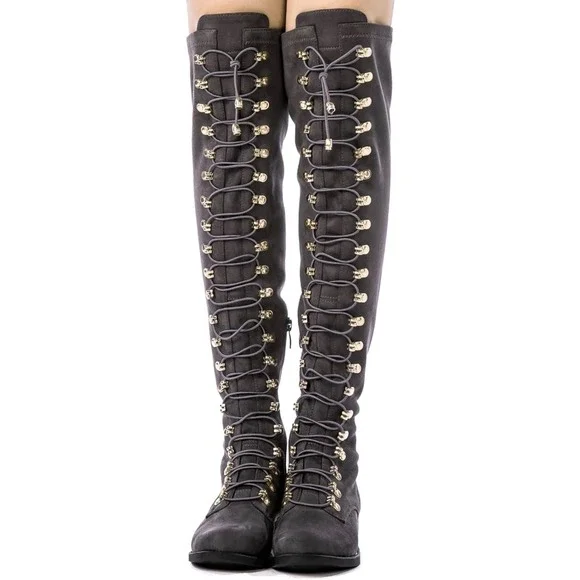 Globalwin Grey Faux Suede Lace Up Over The Knee Boots 18YY26-4‎ Womens 5.5 NEW