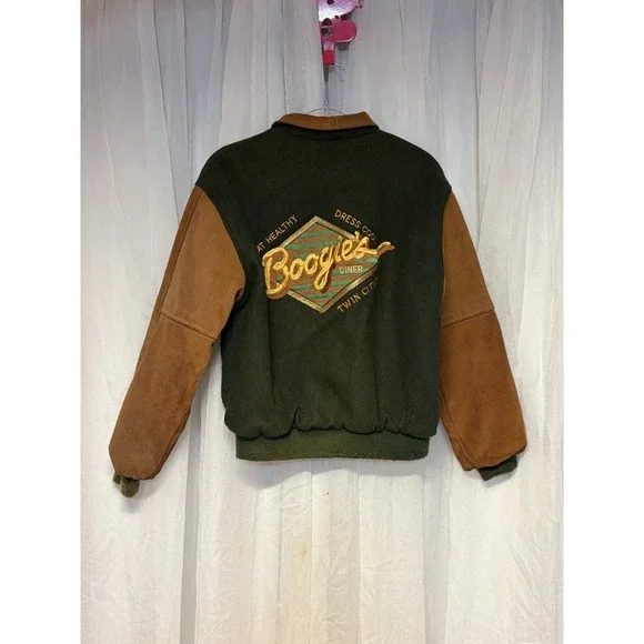 VTG 90s Boogies Diner Twin Cities Varsity Jacket Wool Suede Green Brown Sz S