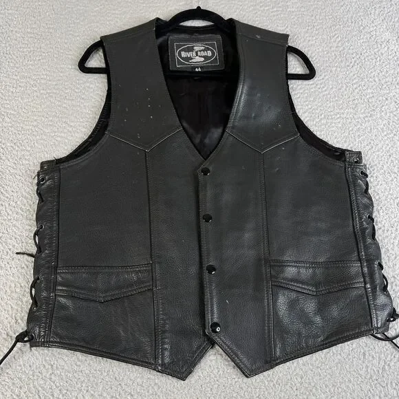 RIVER ROAD Leather Vest Mens Size 44 Black Motorcycle Biker Side Laces Snaps