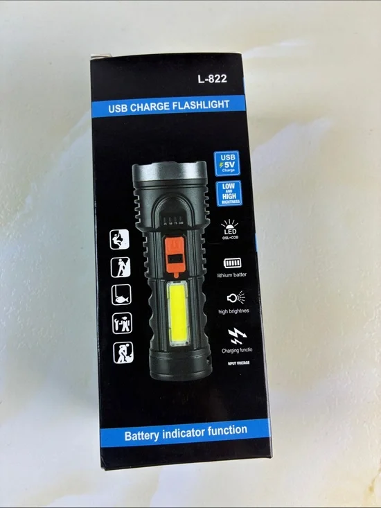 USB Rechargeable Flashlight - Black with Yellow Accent