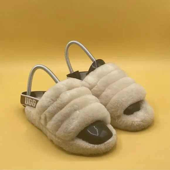 UGG Cream Slippers with Fluffy Upper‎ and Slingback Strap
