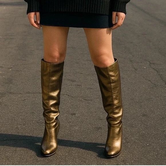 Stuart Weitzman Metallic Bronze Knee High Stiletto Platform‎ Boots Size 37 6.5