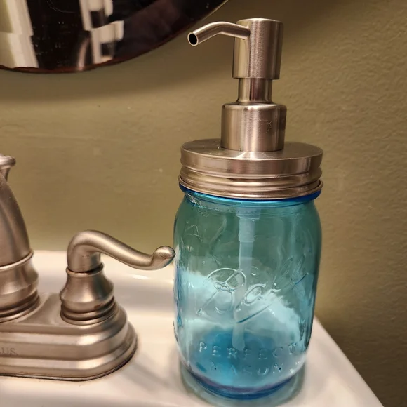 Blue Mason Jar Soap Dispenser With New Dispenser Kit And Two Labels