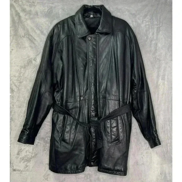 Vintage Stylish Retro Black‎ Leather Belted Jacket Men’s Size L Made In Pakistan