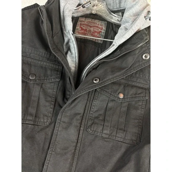 Levi's Co Mens Hooded Canvas Jacket Black Full Zip Snap Button‎ Small S NEW