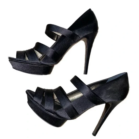Strappy Black Satin Designer Playform Heels in 10