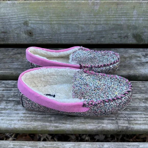 Lands End Girls Pink Glitter Faux‎ Fur Moccasin Slippers Multi Color Size 5