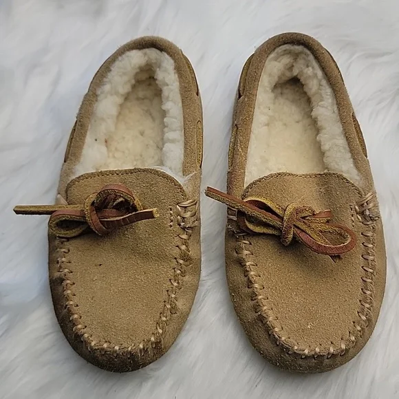 POLO RALPH LAUREN Tan Suede Shearling Preppy Loungewear Boho Moccasin Slippers‎