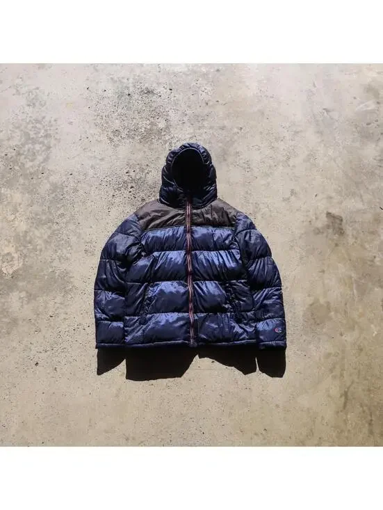 Champion Puffer Jacket Mens Large Navy Black Hooded Full Zip Coat