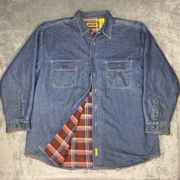 Vtg Stanley Denim Shirt Jacket Mens Sz XXL Blue Plaid Fleece Lined Work Thrashed