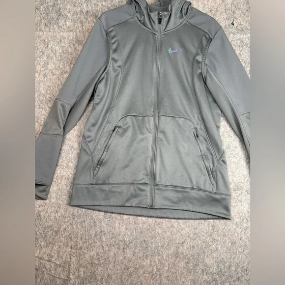 Nike Dri-Fit Hoodie Men's Large Grey Setin Logo‎ Print Fleece Lined Long Sleeve