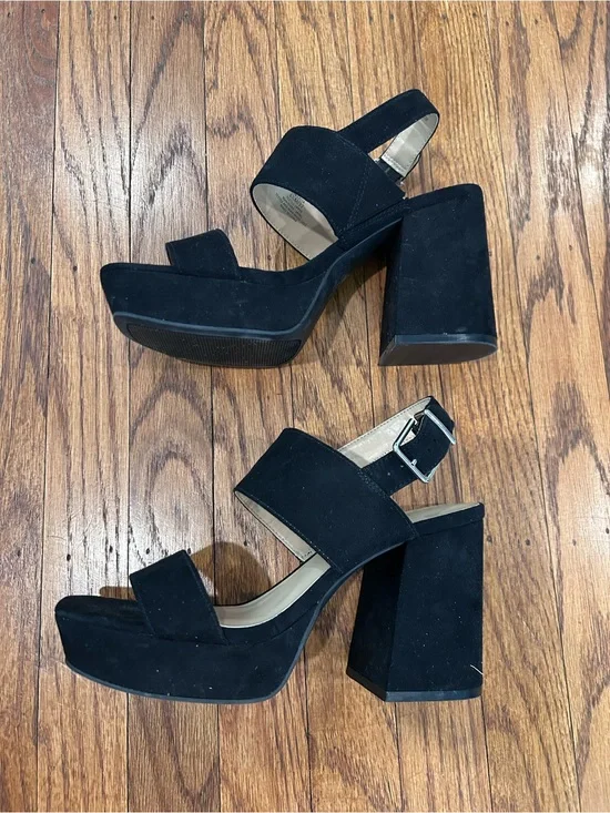 Black Suede Block Heel Sandals with Ankle Strap