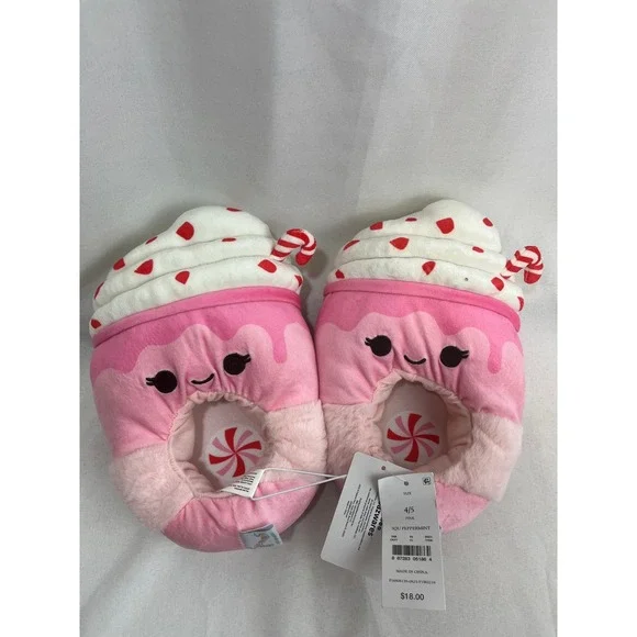 Squishmallows Peppermint Hot Cocoa Pink Plush Slippers Kids Size 4/5 New
