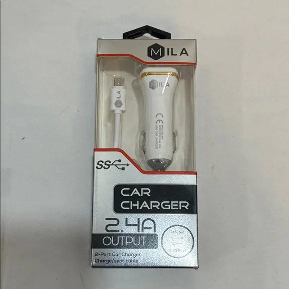 White & Gold 2.4A Car Charger with Sync Cable