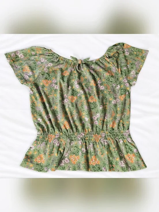 The Children's Place Girls Green Floral Tie-Neck Top (Size M-7/8)
