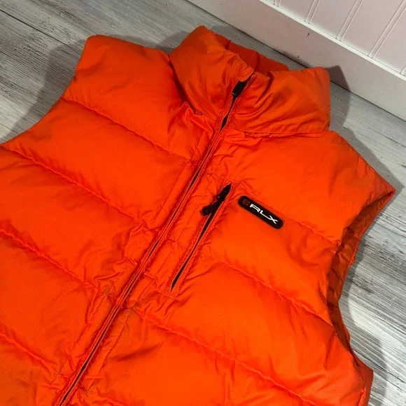 RLX‎ Ralph Lauren Down Puffer Vest Men Sz L Orange Full Zip Packable Hood