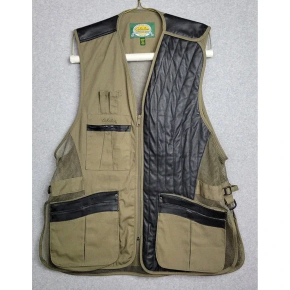 Cabelas Mens 2XL Shooting Vest‎ Olive Canvas & Leather Recoil Pad Mesh Back