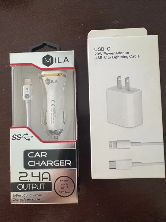 White 2-Port Car Charger 2.4A AND USB-C 20W Power Adapter, NEW IN BOX