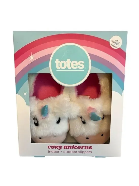 Totes Girls Unicorn Slippers Plush Indoor/ Outdoor White Multi Size S 11-12 New