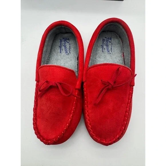 Original Penguin Kids Red Moccasin Slippers Fleece Lined House Shoes Size 4