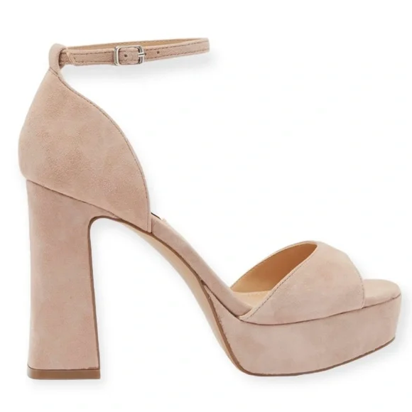 STEVE MADDEN Spence Heels Ankle Strap Platform Sandal Beige Suede Neutral NWT
