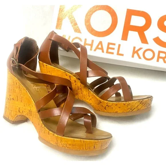 size 8.5 Michael Kors Glossy Cork Sandal, Luggage Brown Strappy Platform‎ Heel
