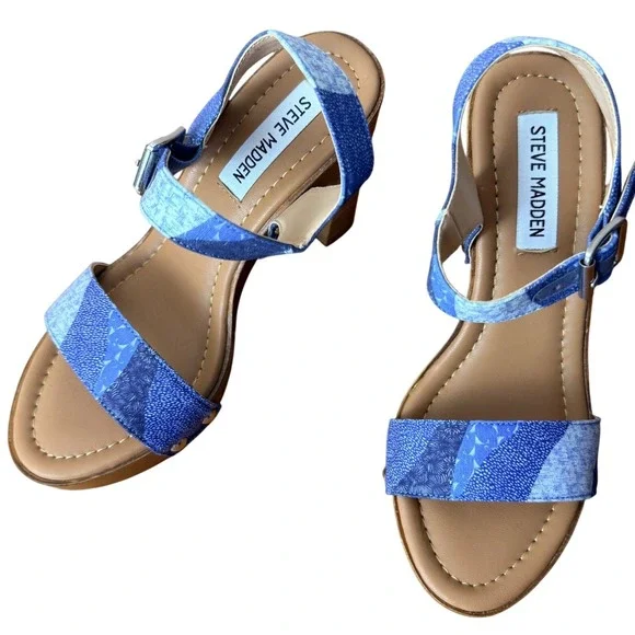 Steve Madden Womens Blue Patchwork Denim Platform Block Heel Sandals Size 6M
